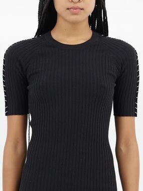 Alexander Wang Black Cotton Ribbed & Silver Ring Embellished S/S Sweater, Sz XS